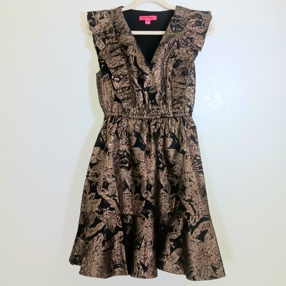 NWT Betsey Johnson Whimsigoth Metallic Gold Brocade Ruffle Mini Dress Size 2